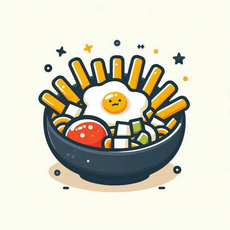 Vector illustration of a bowl of noodles with fried egg and vegetables.のイラスト素材