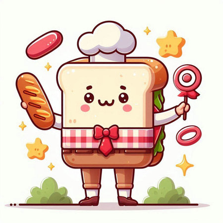 Cute cartoon bread character with chef hat holding lollipop. Vector illustrationのイラスト素材