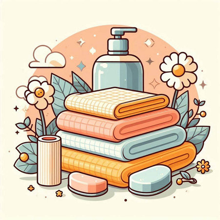 Vector illustration of a set of towels and soap in cartoon style.のイラスト素材