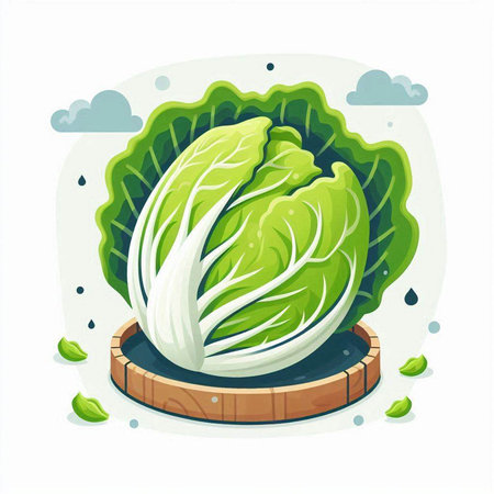 Illustration of fresh chinese cabbage on a round wooden stand.のイラスト素材