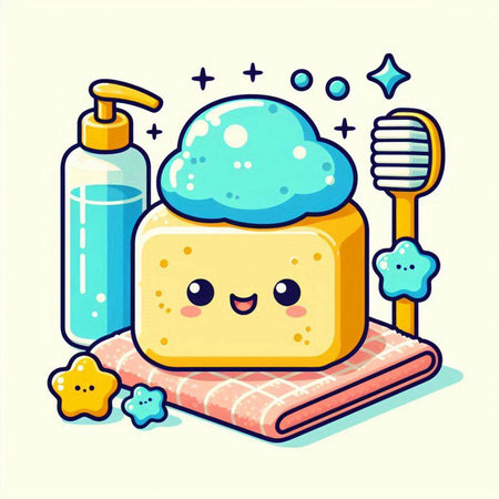 Cute cartoon sponge with soap, toothbrush and shampoo. Vector illustration.のイラスト素材