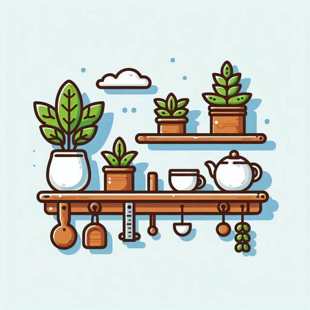 Illustration of a shelf with houseplants and pots. Vector illustrationのイラスト素材