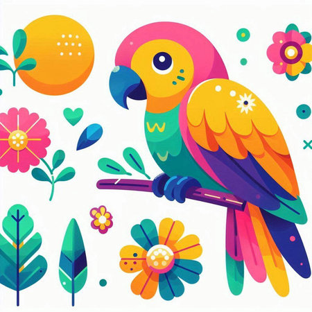 Cute parrot with flowers. Vector illustration in cartoon style.のイラスト素材