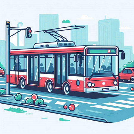 Red bus on the city street. Vector illustration in flat style.のイラスト素材