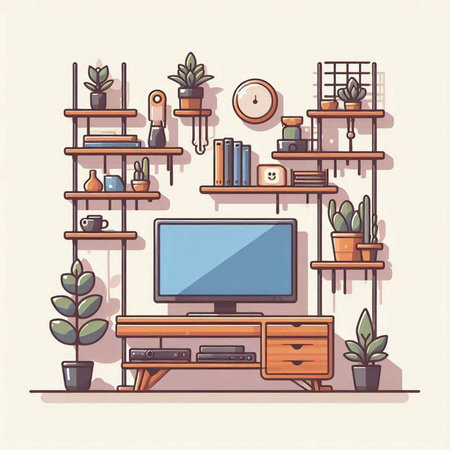 Vector illustration of modern living room with furniture, bookshelf and plantsのイラスト素材