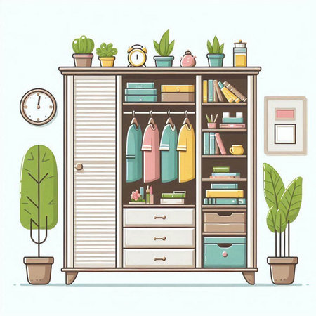 Illustration of a wardrobe with books, potted plants and clocks.のイラスト素材