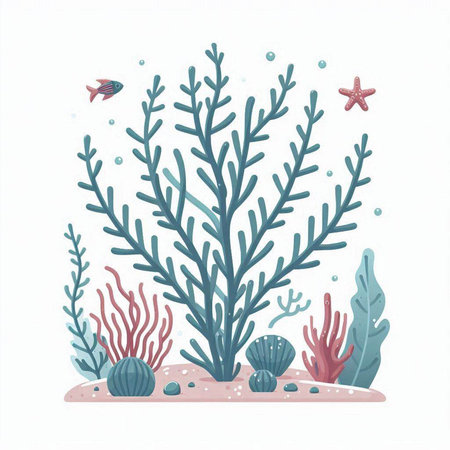 Coral reef with seaweed and starfish. Vector illustration.のイラスト素材