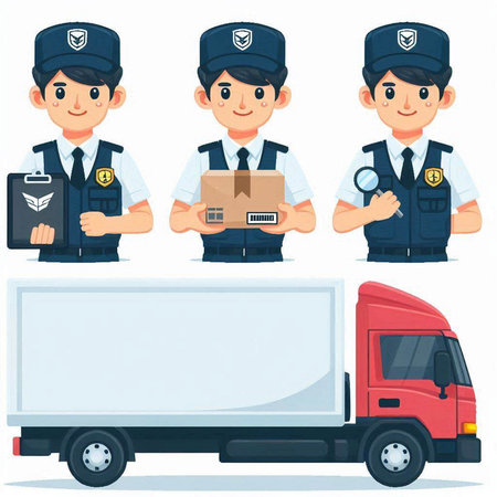 Policeman, delivery man and truck set. Vector illustration.のイラスト素材