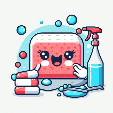 Cute soap character with hand sanitizer. Vector illustration.のイラスト素材