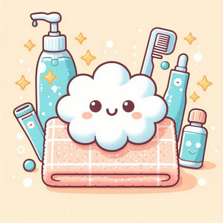 Cute cartoon toothbrush, toothpaste, toothpaste, shampoo, soap and towel. Vector illustration.のイラスト素材