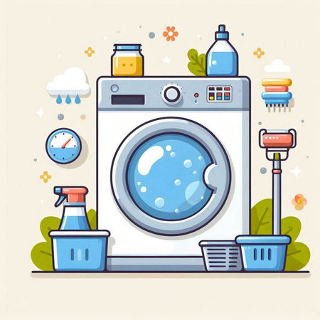 Washing machine and cleaning products. Vector illustration in flat style.のイラスト素材
