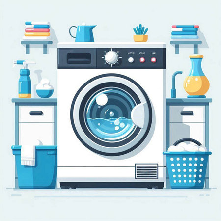 Laundry room with washing machine and cleaning supplies vector illustration.のイラスト素材