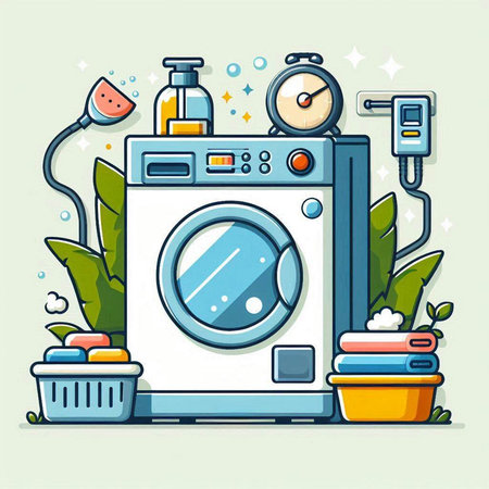 Washing machine with a lot of things. Flat style vector illustration.のイラスト素材