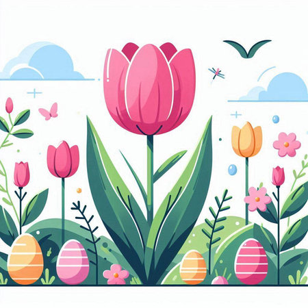 Easter background with tulips, flowers and butterflies. Vector illustration.のイラスト素材
