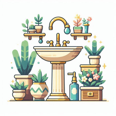 Bathroom interior with sink, faucet and plants. Vector illustration.のイラスト素材