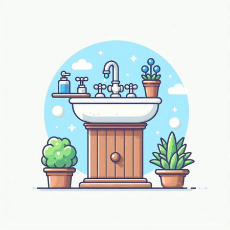 Bathroom interior in flat style. Bathtub, water tap, flower pots, flowers. Vector illustrationのイラスト素材