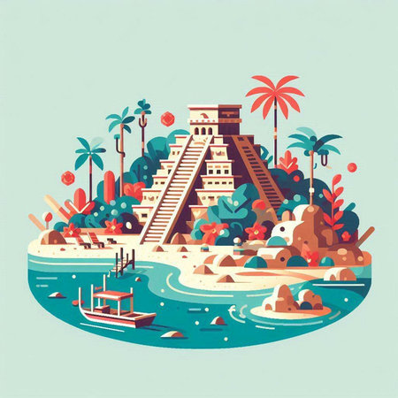 Mayan pyramid on the seashore. Vector illustration in flat styleのイラスト素材