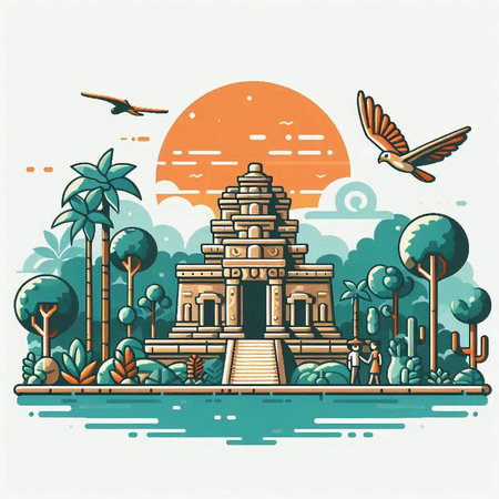 Vector illustration of Hindu temple in the middle of the jungle. Travel and tourism concept.のイラスト素材