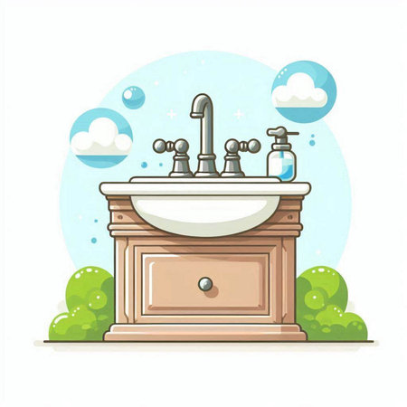 Bathroom interior. Washbasin with faucet and soap dispenser. Vector illustrationのイラスト素材