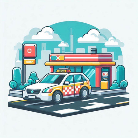 Taxi service in the city. Vector illustration in flat style.のイラスト素材