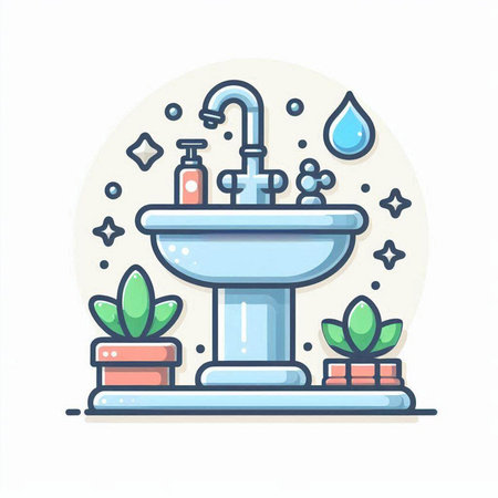 Bathroom flat color vector icon. Bathroom interior with sink, washbasin, water drops and plants. Hygiene and cleanliness conceptのイラスト素材
