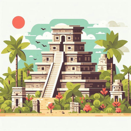 Ancient temple in the jungle. Vector illustration in a flat style.のイラスト素材
