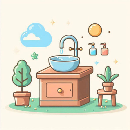 Illustration of a washbasin in the garden. Vector illustration.のイラスト素材