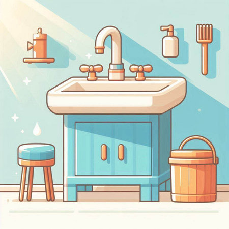 Faucet and sink in the bathroom. Flat style vector illustration.のイラスト素材