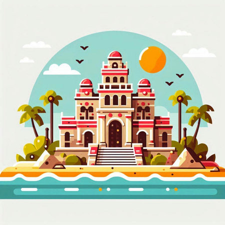 Indian temple on the beach. Vector illustration in flat design style.のイラスト素材