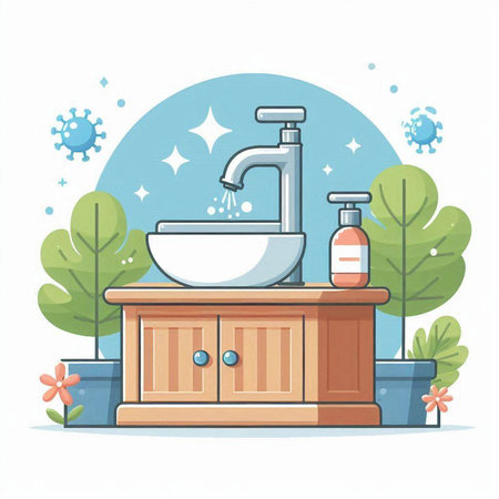 Faucet and sink in the bathroom. Vector illustration in flat styleのイラスト素材
