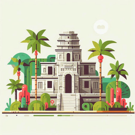 Hindu temple with palm trees in flat style. Vector illustration.のイラスト素材