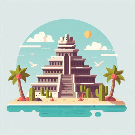 Pagoda on the beach. Vector illustration in flat style.のイラスト素材