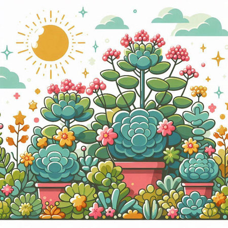 Seamless pattern with succulents in pots and sun.のイラスト素材