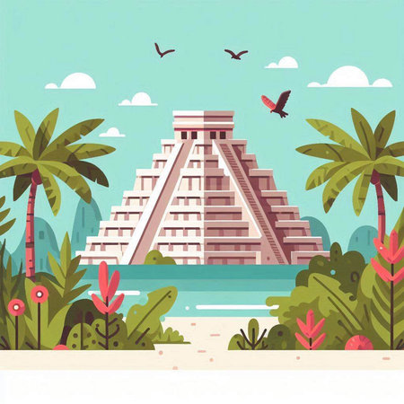 Ancient Mayan pyramid on the background of the sea. Vector illustration.のイラスト素材