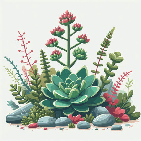Illustration of a succulent plant with red flowers and green leavesのイラスト素材