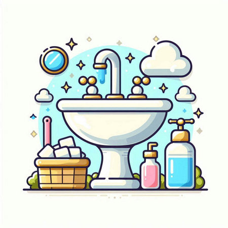 Bathroom interior. Washbasin with water, soap, shampoo, shower gel. Vector illustrationのイラスト素材
