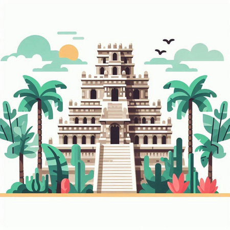 Tropical Landscape with Tower and Palm Trees. Vector Illustrationのイラスト素材