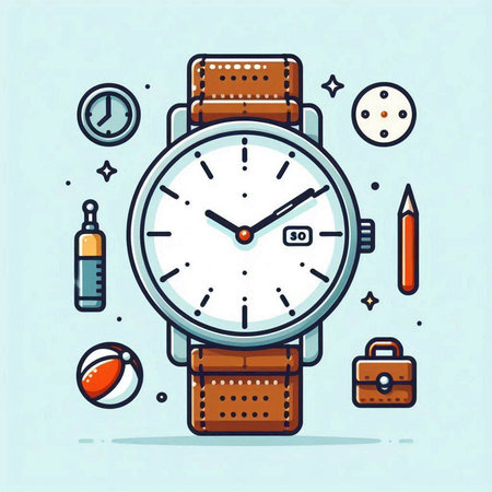 Wristwatch and office supplies. Time management concept. Vector illustrationのイラスト素材