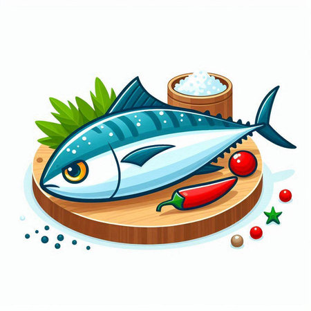 Tuna fish and vegetables on wooden cutting board. Vector illustration.のイラスト素材