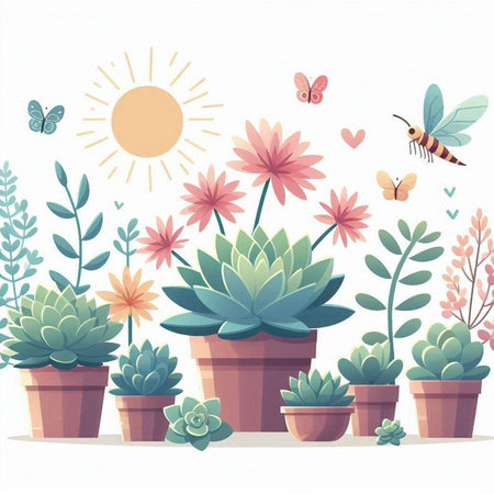 Vector illustration of succulents in pots with butterflies and sun.のイラスト素材