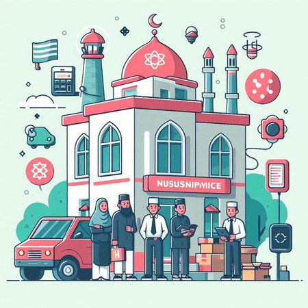 Muslim people standing in front of mosque. Flat style vector illustration.のイラスト素材
