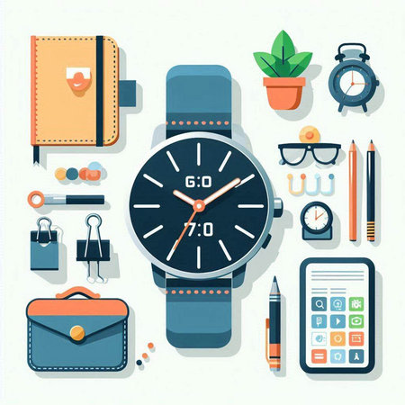 Flat design vector illustration concept of time management and planning. Clock, watch, notebook, pen, phone, wallet, briefcase, glasses, calculator, alarm clock.のイラスト素材