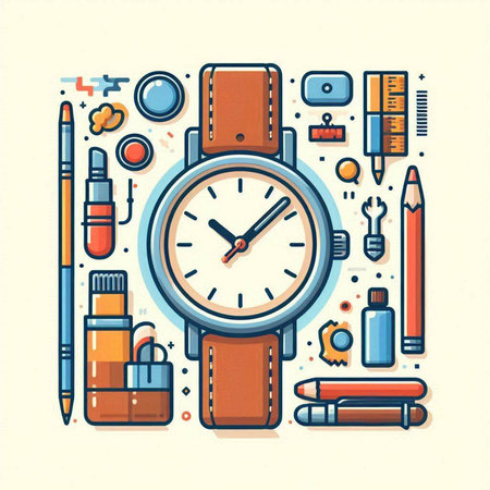 Vector illustration of wristwatch with stationery and accessories in flat styleのイラスト素材