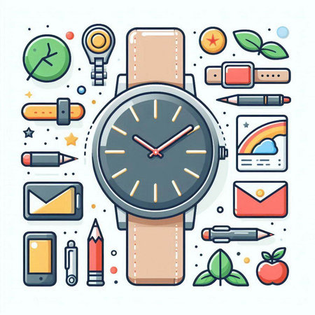 Wristwatch, mobile phone, stationery and other accessories. Vector illustrationのイラスト素材