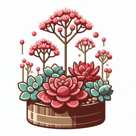 Hand drawn succulents in a wooden pot. Vector illustration.のイラスト素材
