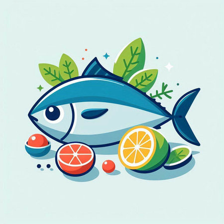 Fish with fruits and vegetables. Healthy food concept. Vector illustration.のイラスト素材