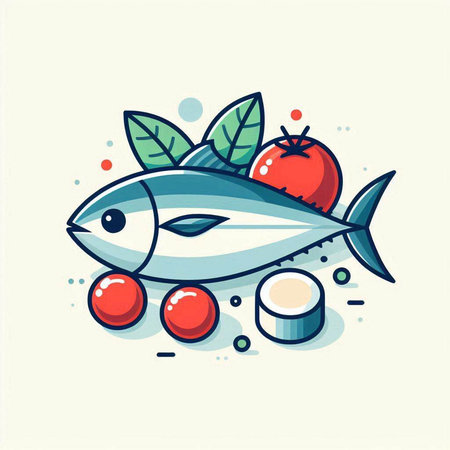 Fish and vegetables. Vector illustration of a tuna fish with tomato and onion.のイラスト素材