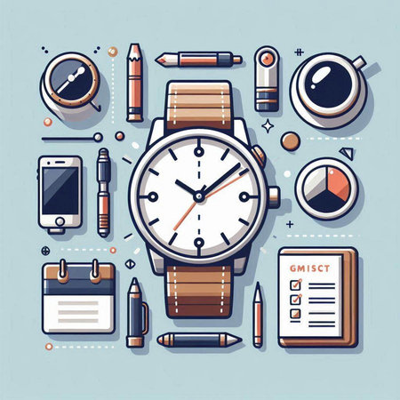 Flat design vector illustration concept of time management. Isolated objects on blue background.のイラスト素材