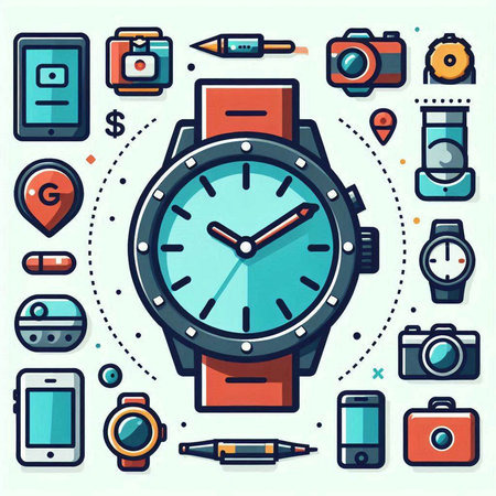 Vector illustration of trendy flat line icons with watch, wristwatch, mobile phone, camera and other objectsのイラスト素材