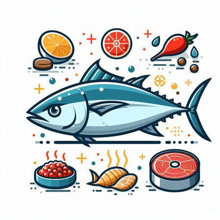 Tuna fish and seafood. Vector illustration in line art style.のイラスト素材